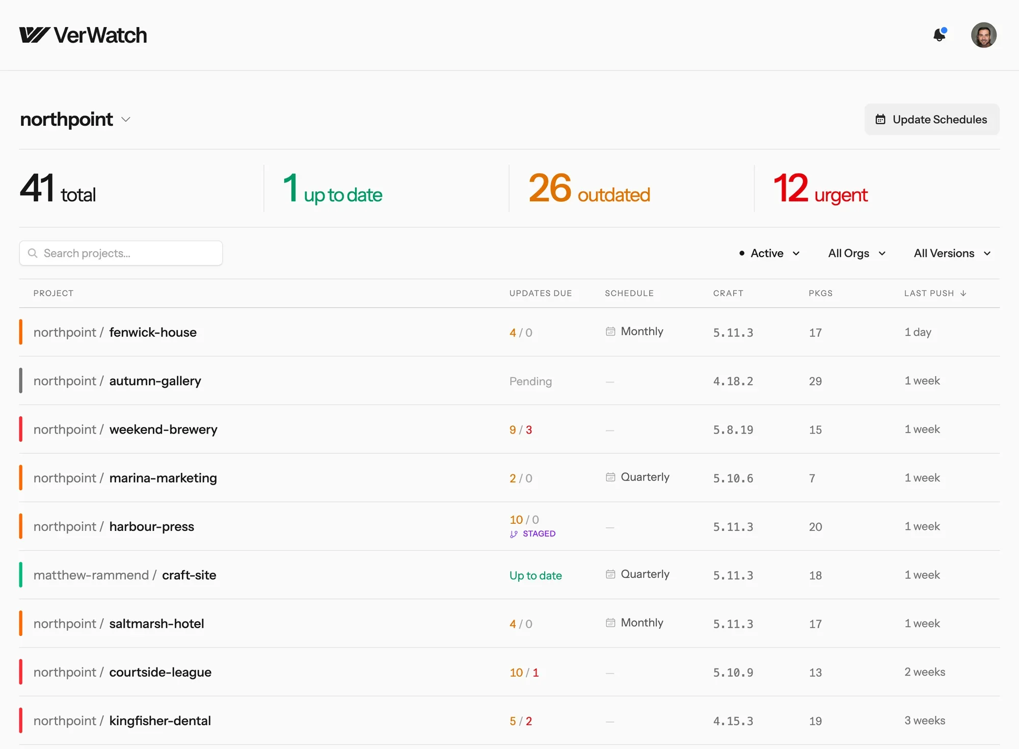 The VerWatch dashboard listing a team's Craft projects with their Craft version, the updates each has due and its schedule