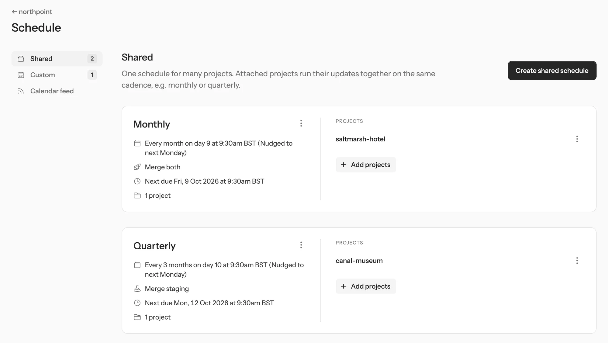 The VerWatch schedule page with a monthly and a quarterly shared schedule, their next due dates and merge settings