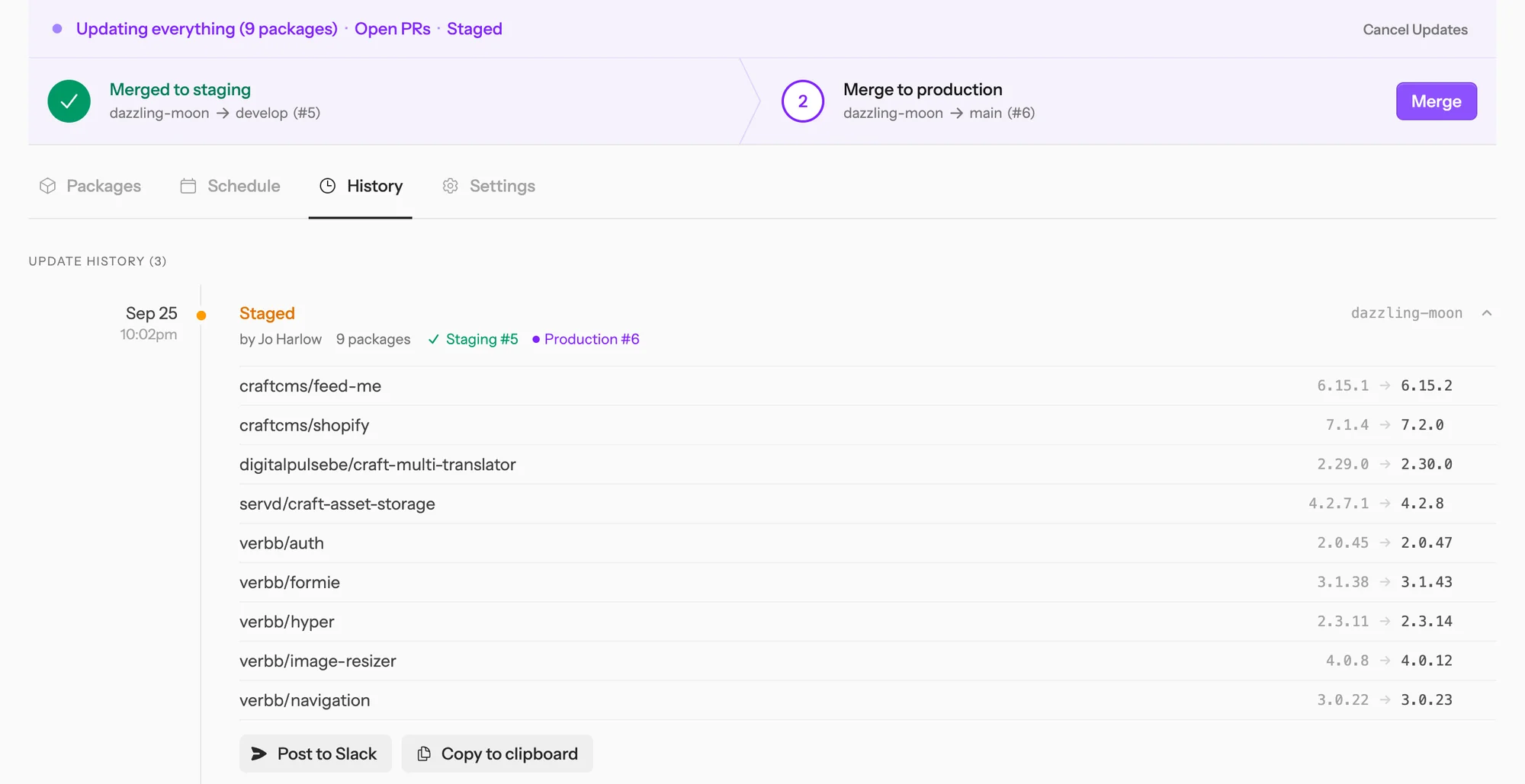 An update run in VerWatch with a staging pull request merged to develop, a production pull request open against main, and the nine plugins it updated with their old and new versions